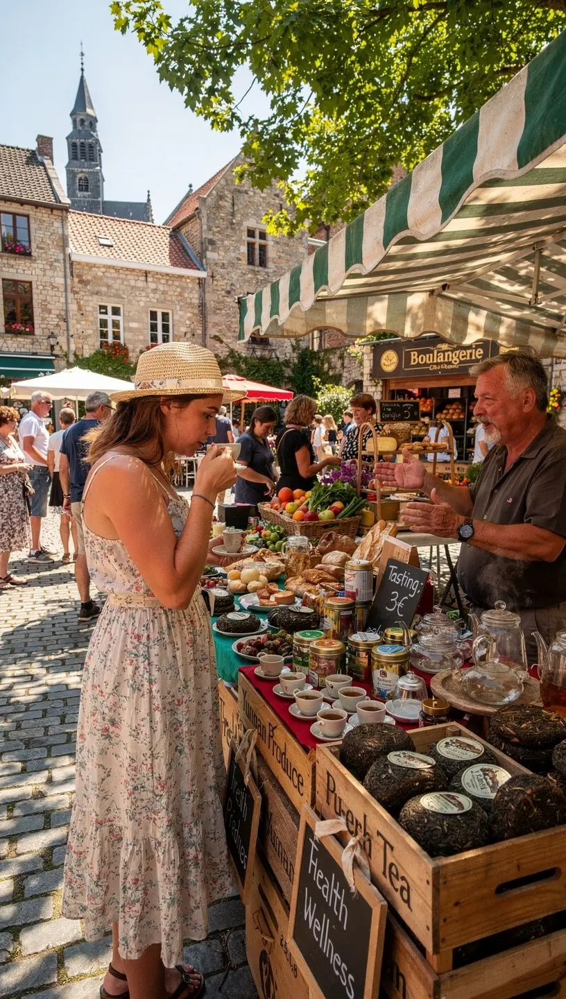 Feuilles de thГ© Pu-erh sГЁches Г©talГ©es sur une surface en bois, mettant en valeur leur texture unique.