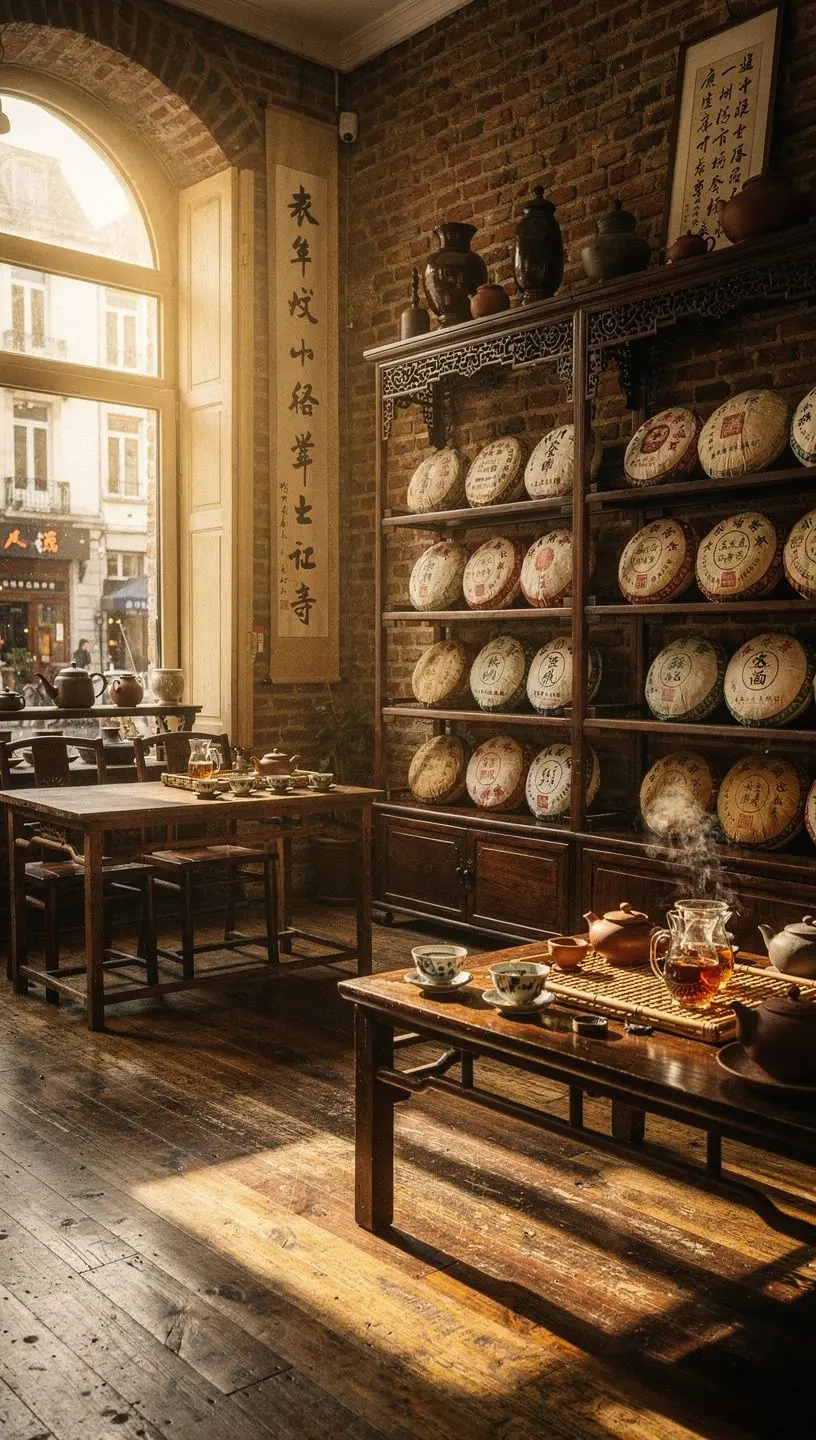 Thé Pu-erh fermenté dans une tasse en céramique, mettant en valeur sa couleur sombre et riche.