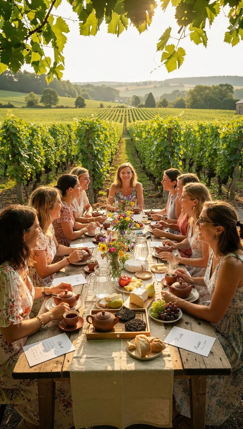 Feuilles de thé Pu-erh sèches étalées sur une surface en bois, révélant leur texture unique et terreuse.