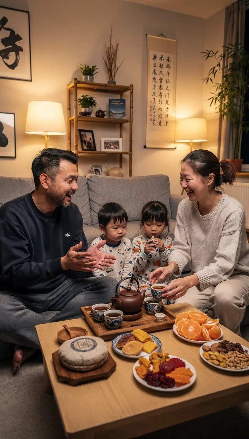 Un verre de thé Pu-erh infusé, avec une légère brume, capturant la lumière d'une manière chaleureuse.