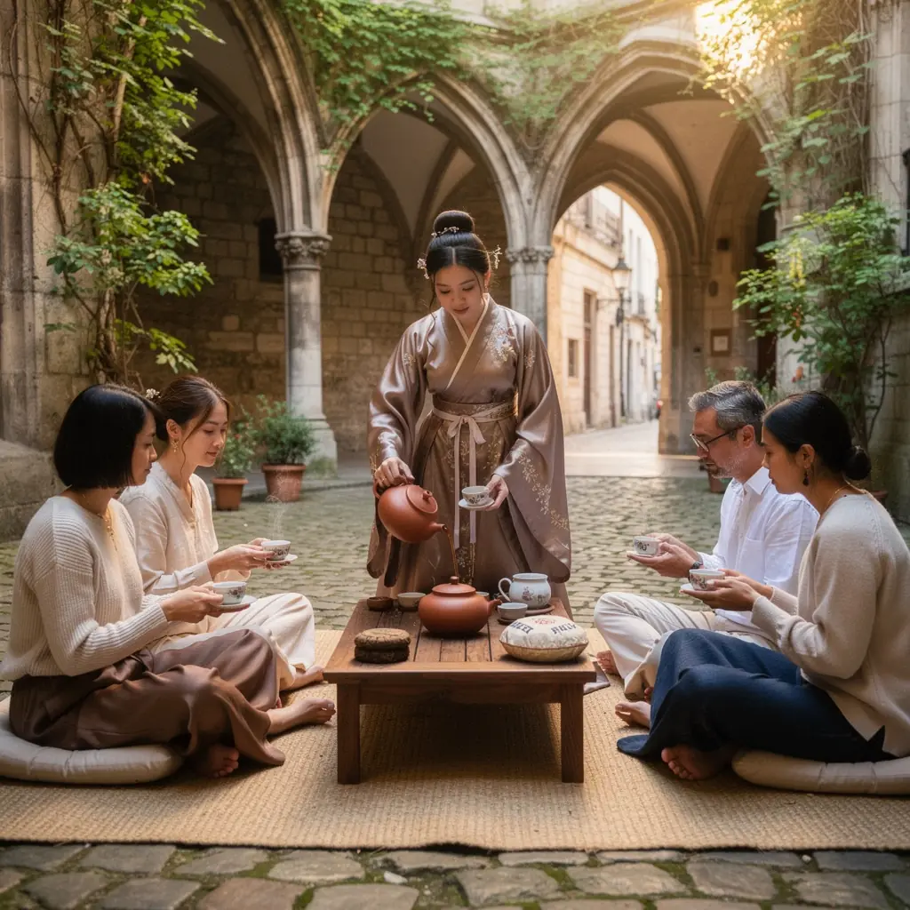 Un assortiment de thés Pu-erh, soigneusement emballés, mettant en avant l'artisanat chinois traditionnel.