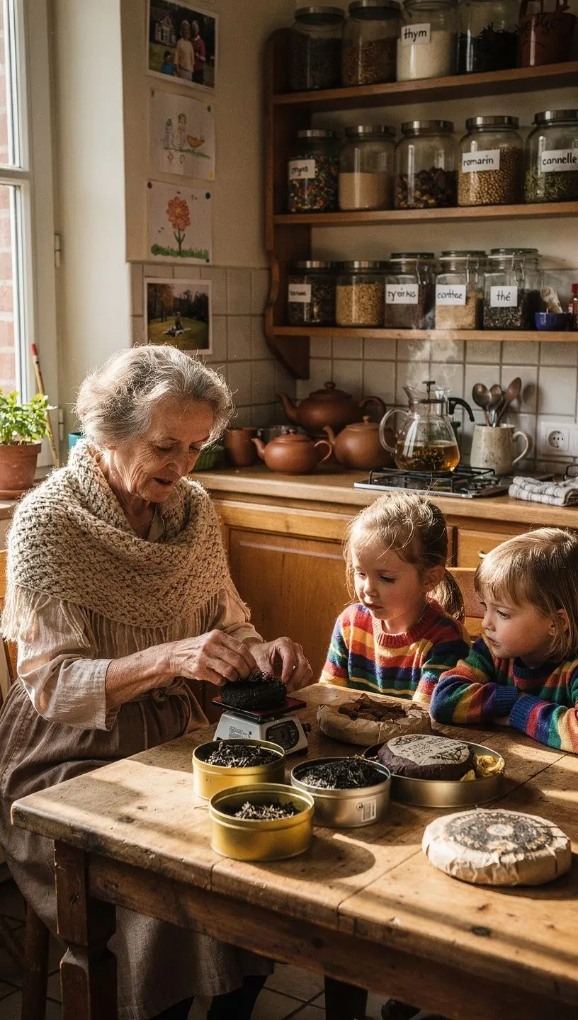 Un moment de dégustation de thé Pu-erh, avec des amis partageant des histoires autour d'une table.