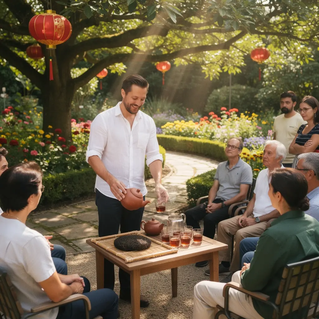 Un paysage de plantation de thé en Chine, illustrant les collines verdoyantes où le Pu-erh est cultivé.