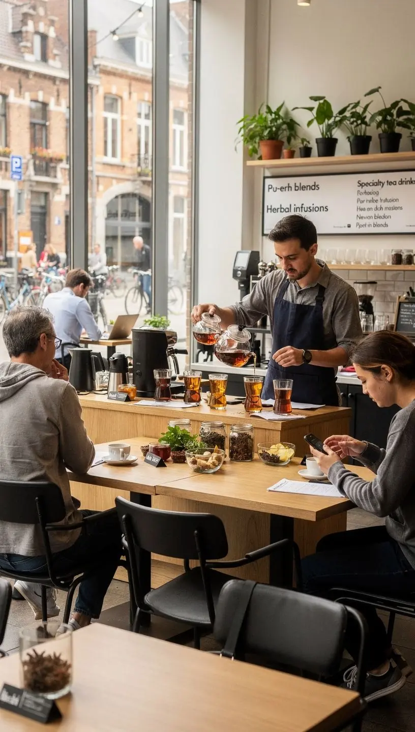 ThГ© Pu-erh fermentГ© dans une tasse en cГ©ramique, rГ©vГ©lant sa couleur sombre et riche.