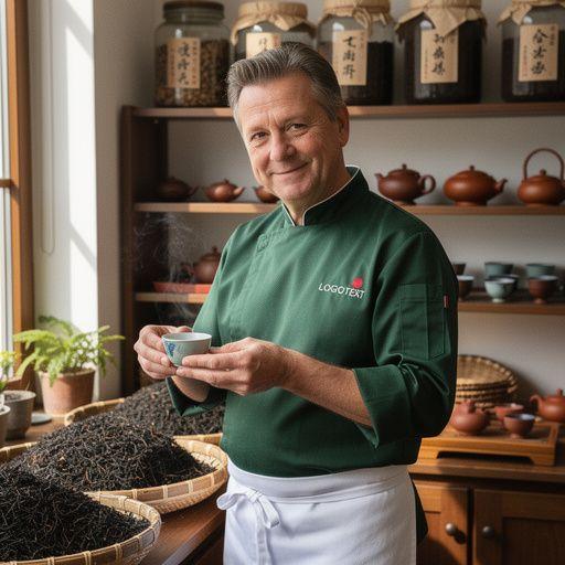 Gros plan sur une tasse de thГ© Pu-erh fumant, avec des feuilles flottantes Г  la surface.